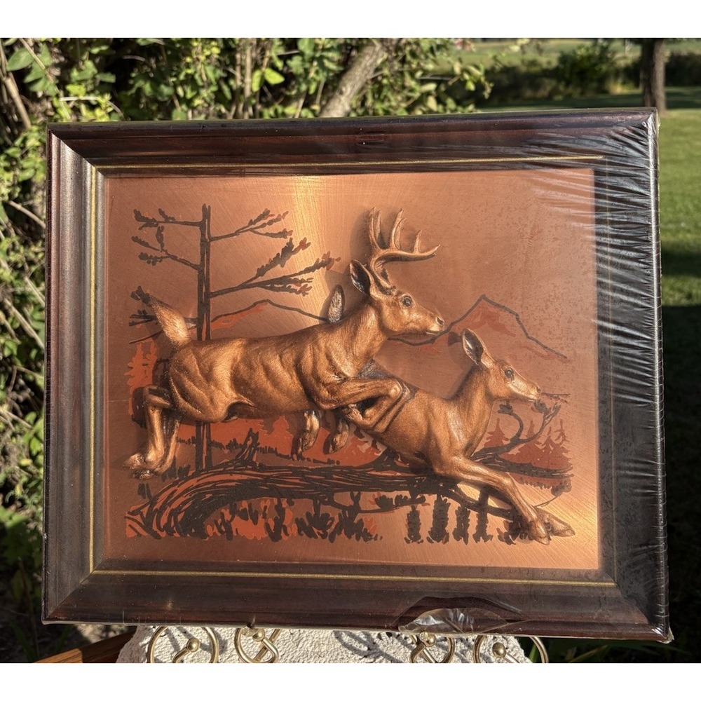 New Vintage John Louw 3D Copper Deer Hanging Wall Art Wood Framed 16"x13"